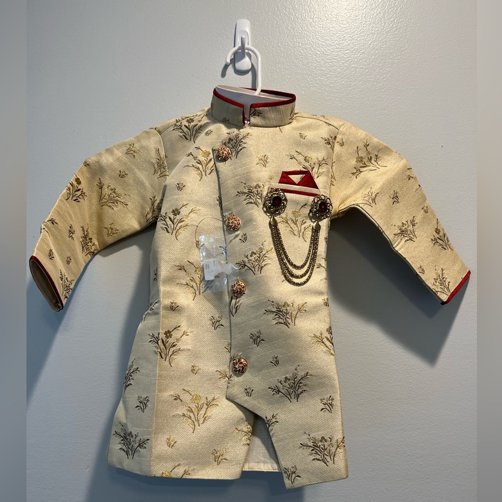 Toddler boy sherwani, size 1, Rajwadi, beige and red with pant